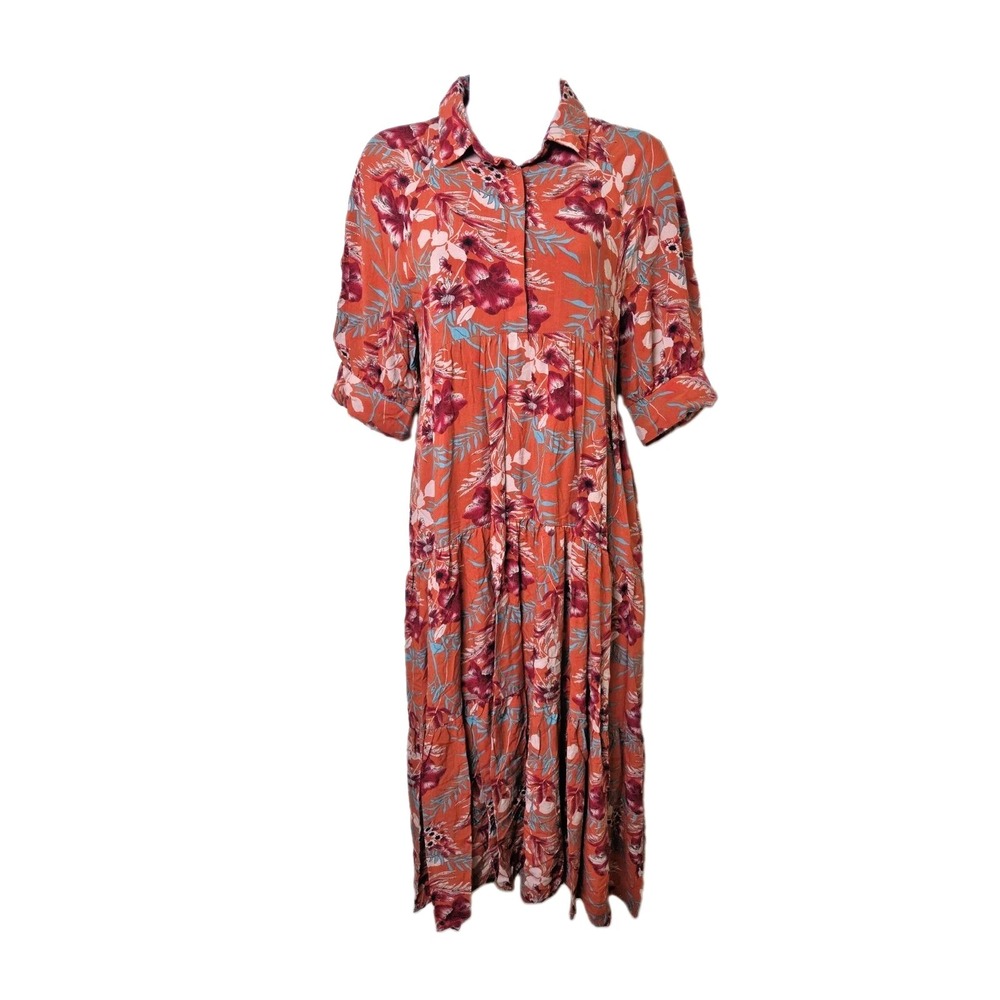 Natural Life Tropical Floral Tiered Button Front Dress Size S Orange‎ Pockets